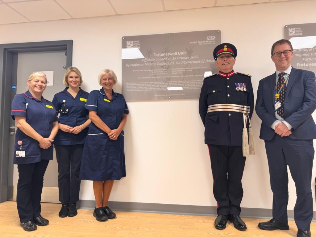 DCH Chief Executive Matthew Bryant, Lord Lieutenant of Dorset, Professor Michael Dooley LVO and the Chemotherapy team on official opening October 2025